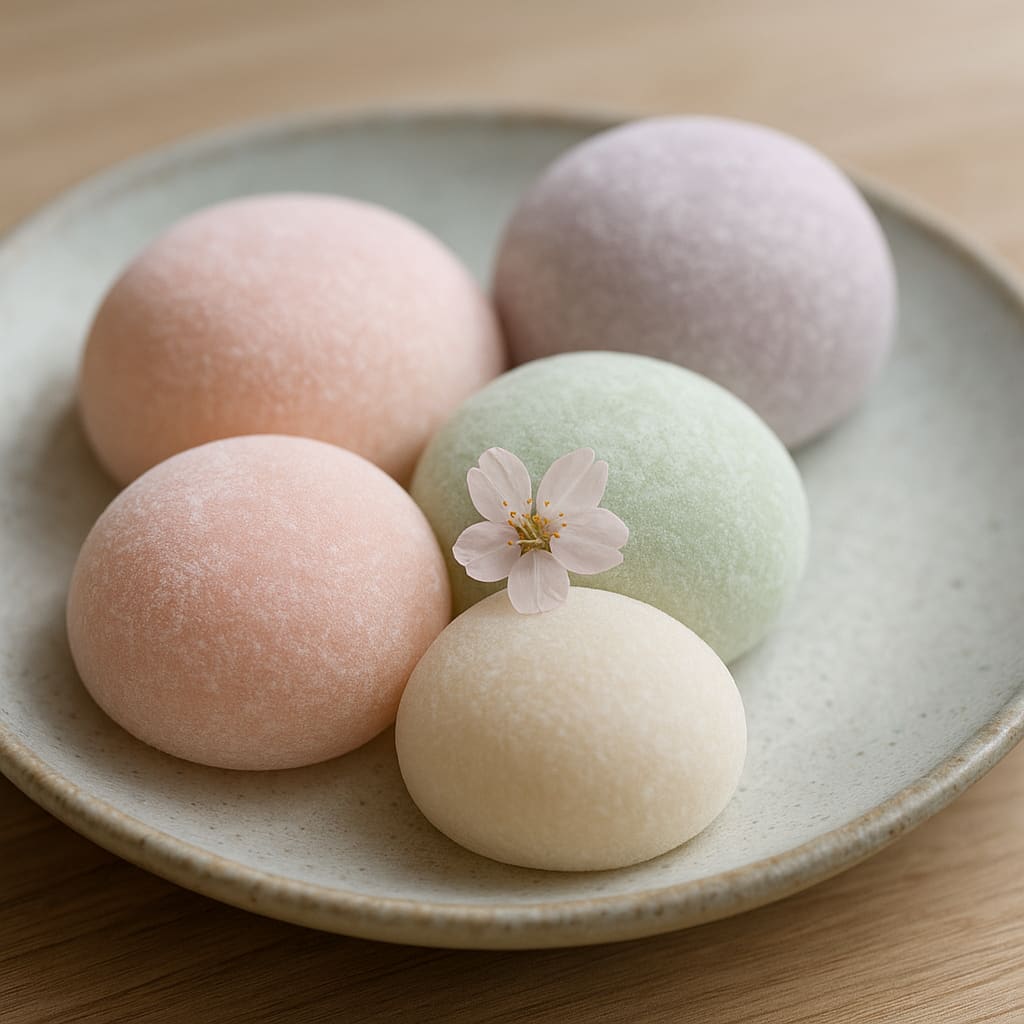 Pastellfarbene Mochi auf Keramikteller