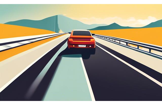 Illustration eines Autos auf einer Straße mit Vignetten-Symbol, das Mautpflicht anzeigt.